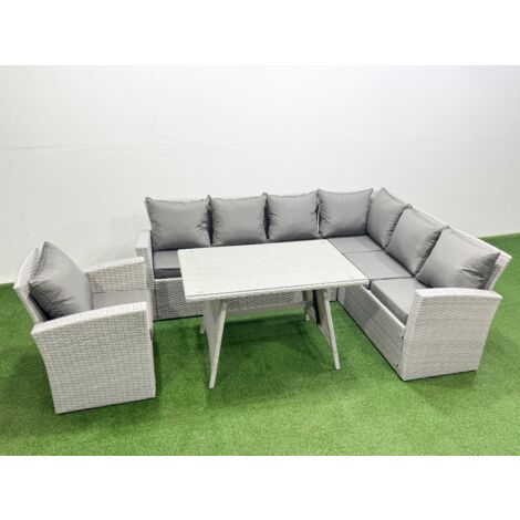 Fimous 7 Seater Garden Outdoor Rattan Furniture Set Rattan Corner Sofa Oblong Dining Table with Armchair Light Grey Mixed
