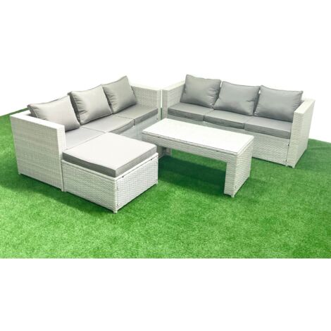 Fimous 7 Seater Garden Outdoor Rattan Furniture Set Rattan Garden Sofa Oblong Coffee Table with Big Footstool Light Grey Mixed