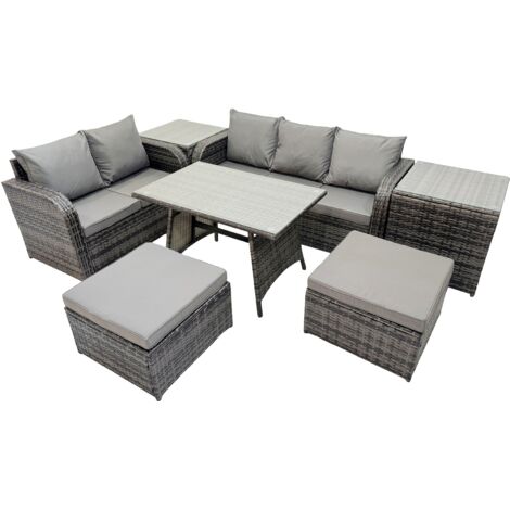 Fimous 7 Seater Garden Outdoor Rattan Furniture Set Rattan Sofa Oblong Dining Table with 2 Side Tables 2 Big Stools Dark Grey