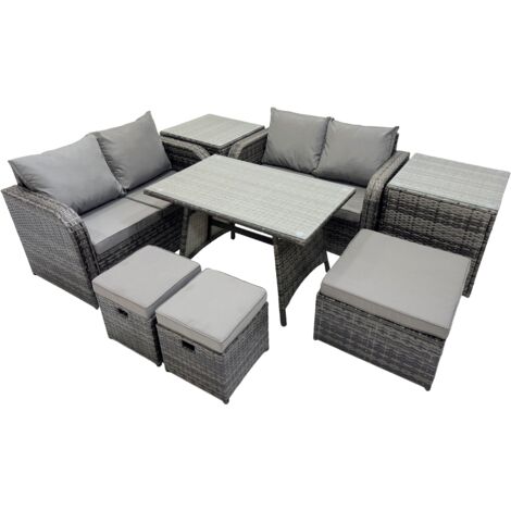 Fimous 7 Seater Garden Outdoor Rattan Furniture Set Rattan Sofa Oblong Dining Table with 2 Side Tables Dark Grey