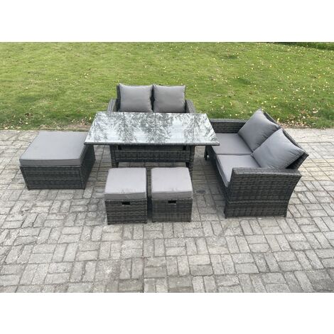 Fimous 7 Seater High Back Outdoor Garden Furniture Rattan Sofa Dining Table Set with 3 Footstools Dark Grey Mixed