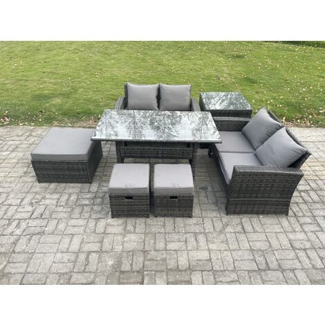 Fimous 7 Seater High Back Outdoor Garden Furniture Rattan Sofa Dining Table Set with 3 Footstools Side Table Dark Grey Mixed