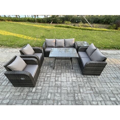 Fimous 7 Seater High Back PE Rattan Sofa Set Outdoor Garden Furniture Dining Table Set With Reclining Chair 3 Seater Sofa Love Sofa Side Table