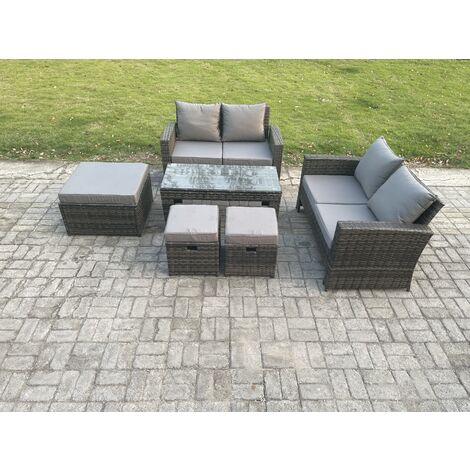 Fimous 7 Seater High Back Rattan Garden Furniture Sofa Sets with Rectangular Coffee Table 3 Footstools Loveseat Sofa Dark Grey Mixed