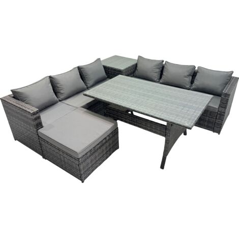 Fimous 7 Seater Outdoor Corner Sofa Dining Table Set Garden Rattan Furniture Set with Side Table Big Stool Dark Grey