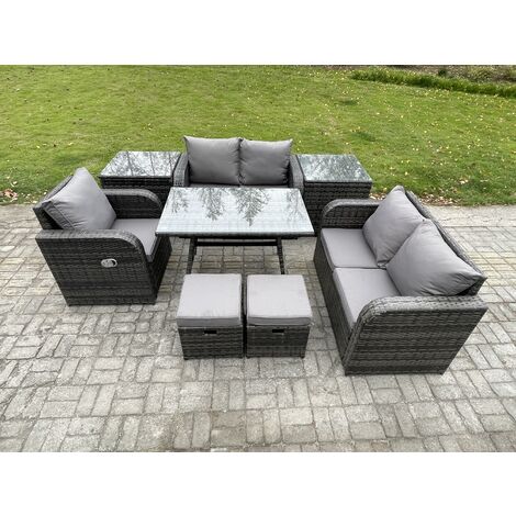 Fimous 7 Seater Outdoor Garden Dining Sets Rattan Furniture With Dining Table Armchairs Love Sofa 2 Small Footstools 2 Side Tables Dark Grey Mixed