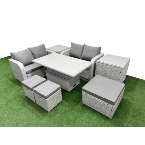 Fimous 7 Seater Outdoor Love Sofa Set Rattan Garden Furniture Set with Adjustable Lifting Dining or Coffee Table 3 Footstool 2 Side Tables Light Grey