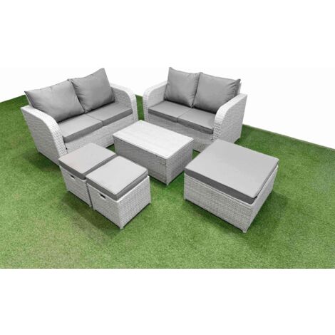 Fimous 7 Seater Outdoor Love Sofa Set Rattan Garden Furniture Set with Rectangular Coffee Table 3 Footstool Light Grey