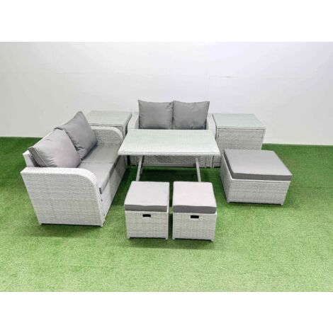 Fimous 7 Seater Outdoor Love Sofa Set Rattan Garden Furniture Set with Rectangular Dining Table 2 Side Tables 3 Footstools Light Grey