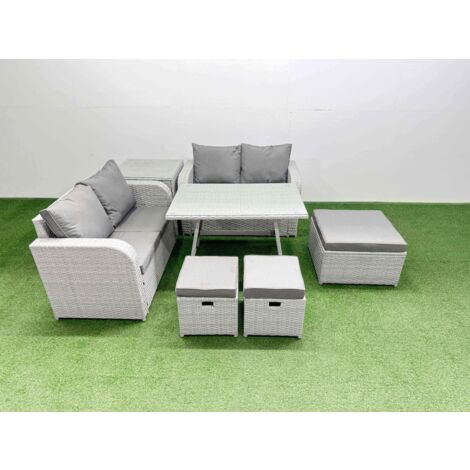 Fimous 7 Seater Outdoor Love Sofa Set Rattan Garden Furniture Set with Rectangular Dining Table Side Table 3 Footstools Light Grey