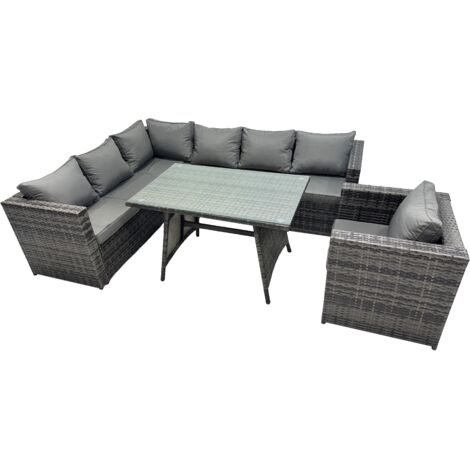 Fimous 7-seater Outdoor PE Rattan Sofa Set with Dining Table Patio Garden Furniture Sets with Chair Dark Grey Mixed