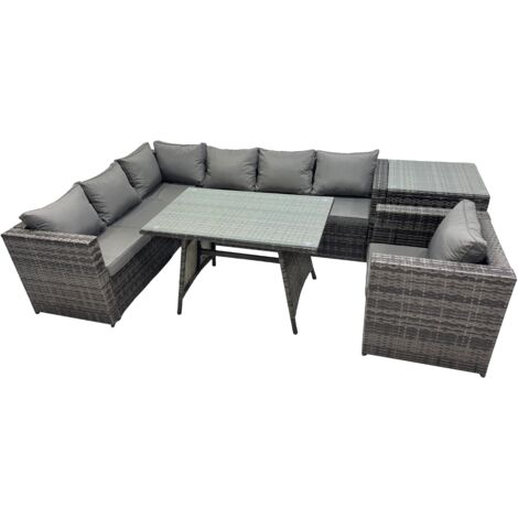 Fimous 7-seater Outdoor PE Rattan Sofa Set with Dining Table Patio Garden Furniture Sets with Chair Side Table Dark Grey Mixed