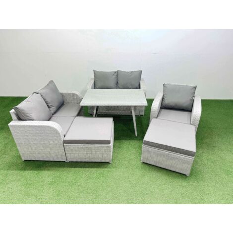 Fimous 7 Seater Outdoor Rattan Garden Furniture Set Love Sofa Reclining Chair Set with Rectangular Dining Table 2 Big Footstools Light Grey