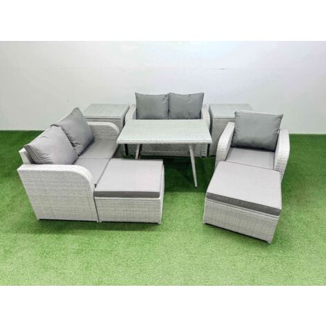 Fimous 7 Seater Outdoor Rattan Garden Furniture Set Love Sofa Reclining Chair Set with Rectangular Dining Table 2 Side Tables 2 Big Footstools Light Grey