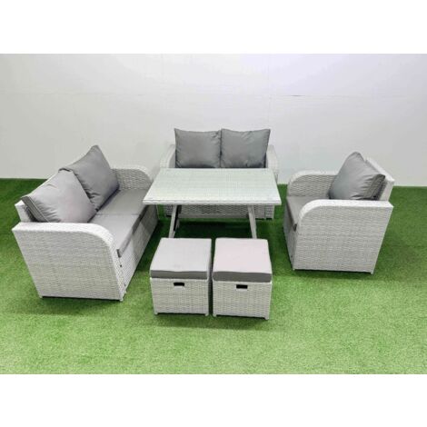 Fimous 7 Seater Outdoor Rattan Garden Furniture Set Love Sofa Reclining Chair Set with Rectangular Dining Table 2 Small Footstools Light Grey