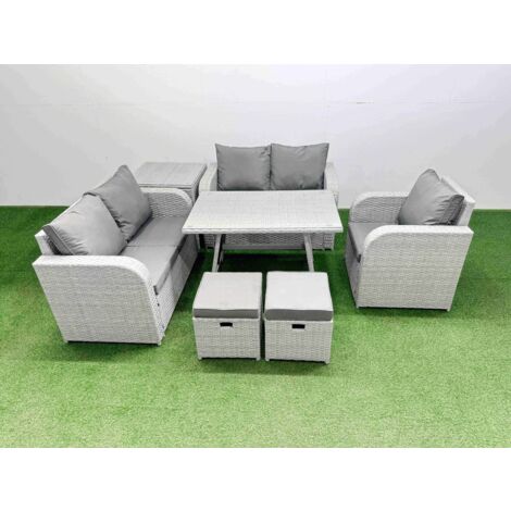 Fimous 7 Seater Outdoor Rattan Garden Furniture Set Love Sofa Reclining Chair Set with Rectangular Dining Table Side Table 2 Small Footstools Light Grey