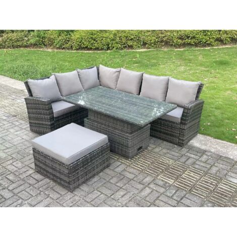Fimous 7 Seater Outdoor Rattan High Back Adjustable Rising Lifting Dining Table Corner Sofa Set Garden Furniture Dark Grey Mixed Left Hand