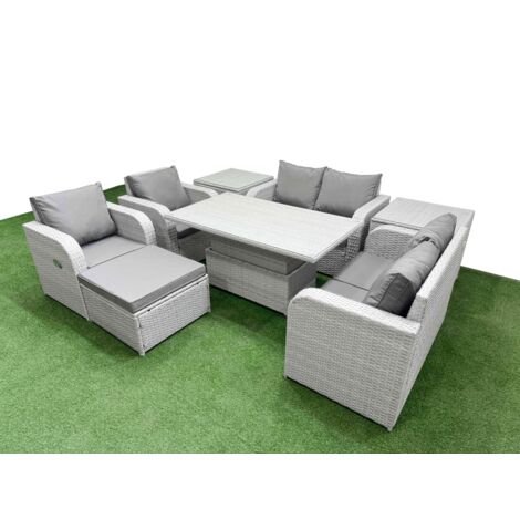 Fimous 7 Seater Outdoor Reclining Chair Love Sofa Set Rattan Garden Furniture Set with Adjustable Lifting Dining or Coffee Table Footstool 2 Side Tables Light Grey