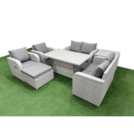 Fimous 7 Seater Outdoor Reclining Chair Love Sofa Set Rattan Garden Furniture Set with Adjustable Lifting Dining or Coffee Table Footstool Side Table Light Grey