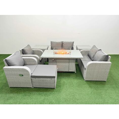 Fimous 7 Seater Outdoor Reclining Chair Love Sofa Set Rattan Garden Furniture Set with Firepit Dining Table Footstool 2 Side Tables Light Grey