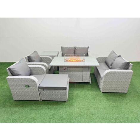 Fimous 7 Seater Outdoor Reclining Chair Love Sofa Set Rattan Garden Furniture Set with Firepit Dining Table Footstool Side Table Light Grey