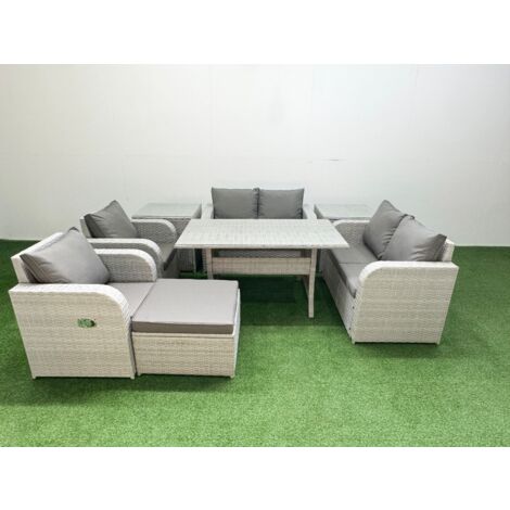 Fimous 7 Seater Outdoor Reclining Chair Love Sofa Set Rattan Garden Furniture Set with Rectangular Dining Table Footstool 2 Side Tables Light Grey