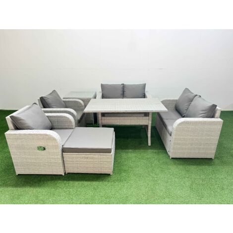 Fimous 7 Seater Outdoor Reclining Chair Love Sofa Set Rattan Garden Furniture Set with Rectangular Dining Table Footstool Side Table Light Grey