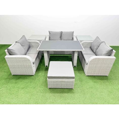 Fimous 7 Seater Patio Garden Furniture Sets with Black Glass Top Dining Table Love Sofa 2 Side Tables Big Stool Light Grey