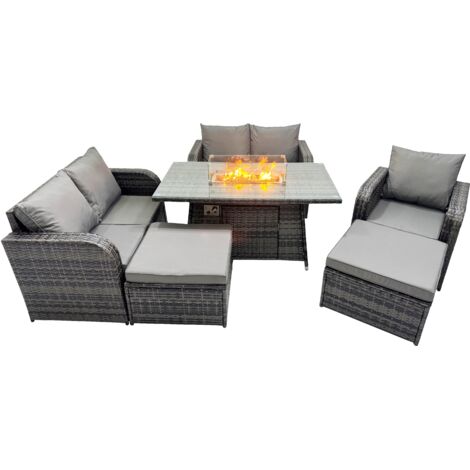 Fimous 7-seater Patio Gas Firpit Dining Table Sofa Sets Rattan Garden Furniture Dining Set with 2 Big Stools Dark Grey Mixed