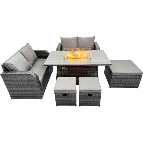 Fimous 7-seater Patio Gas Firpit Dining Table Sofa Sets Rattan Garden Furniture Dining Set with 3 Stools Dark Grey Mixed