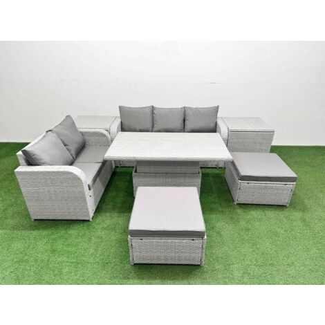 Fimous 7 Seater PE Rattan Wicker Garden Furniture Patio Conservatory Sofa Set with Adjustable Lifting Dining or Coffee Table 3 Seater Sofa Love Sofa 2 Big Footstool 2 Side Table