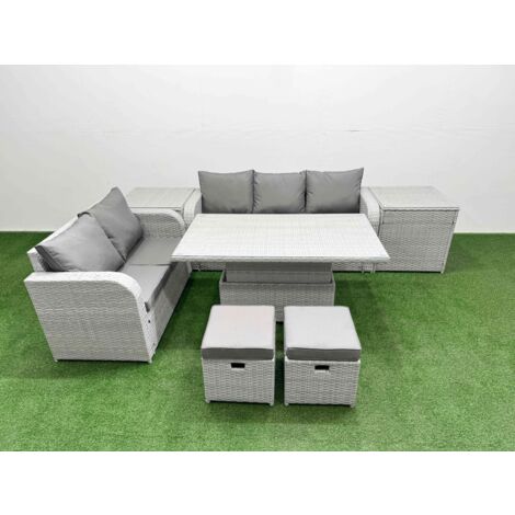 Fimous 7 Seater PE Rattan Wicker Garden Furniture Patio Conservatory Sofa Set with Adjustable Lifting Dining or Coffee Table 3 Seater Sofa Love Sofa 2 Stools 2 Side Table