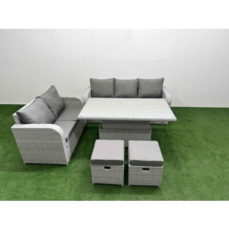Fimous 7 Seater PE Rattan Wicker Garden Furniture Patio Conservatory Sofa Set with Adjustable Lifting Dining or Coffee Table 3 Seater Sofa Love Sofa 2 Stools