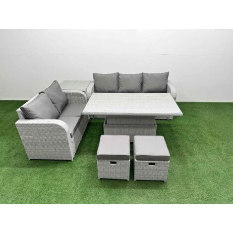 Fimous 7 Seater PE Rattan Wicker Garden Furniture Patio Conservatory Sofa Set with Adjustable Lifting Dining or Coffee Table 3 Seater Sofa Love Sofa 2 Stools Side Table