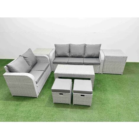 Fimous 7 Seater PE Rattan Wicker Garden Furniture Patio Conservatory Sofa Set with Oblong Coffee Table 3 Seater Sofa Love Sofa 2 Stools 2 Side Table