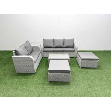 Fimous 7 Seater PE Rattan Wicker Garden Furniture Patio Conservatory Sofa Set with Rectangular Coffee Table 3 Seater Sofa Love Sofa 2 Big Footstool Side Table