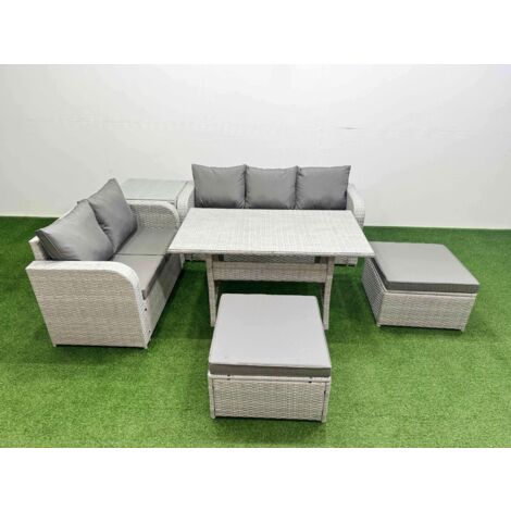 Fimous 7 Seater PE Rattan Wicker Garden Furniture Patio Conservatory Sofa Set with Rectangular Dining Table 3 Seater Sofa Love Sofa 2 Big Footstool Side Table