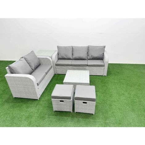 Fimous 7 Seater PE Rattan Wicker Garden Furniture Patio Conservatory Sofa Set with Square Coffee Table 3 Seater Sofa Love Sofa 2 Stools Side Table