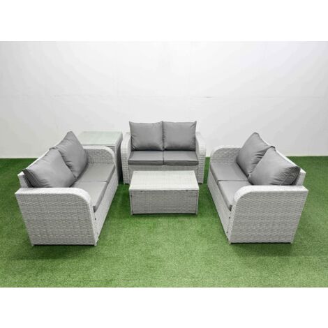 Fimous  7 Seater PE Wicker Rattan Furniture Sofa Sets with Rectangular Coffee Table 2 Seater Love Sofa Big Footstool Light Grey