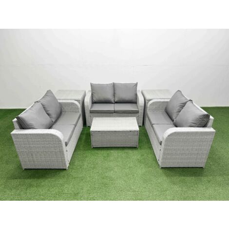 Fimous  7 Seater PE Wicker Rattan Furniture Sofa Sets with Rectangular Coffee Table 2 Seater Love Sofa Big Footstool Side Table Light Grey