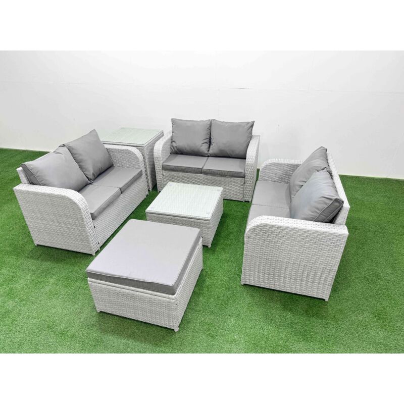 7 Seater Pe Wicker Rattan Furniture Sofa Sets With Square Coffee Table 2 Seater Love Sofa Big Footstool Side Table Light Grey - Fimous