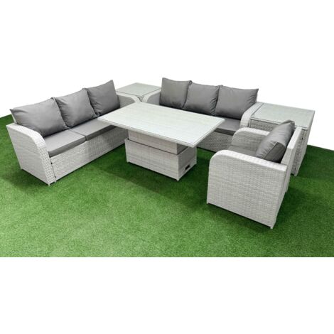 Fimous 7 Seater Poly Rattan Outdoor Garden Furniture Adjustable Lifting Dining or Coffee Table Sofa Set Patio 3 Seater Sofa Reclining Chair 3 Seater Sofa 2 Side Table Light Grey