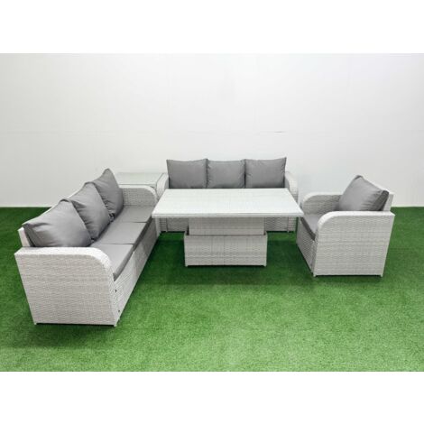 Fimous 7 Seater Poly Rattan Outdoor Garden Furniture Adjustable Lifting Dining or Coffee Table Sofa Set Patio 3 Seater Sofa Reclining Chair 3 Seater Sofa Side Table Light Grey