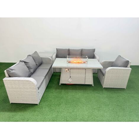 Fimous 7 Seater Poly Rattan Outdoor Garden Furniture Firepit Dining Table Sofa Set Patio 3 Seater Sofa Reclining Chair 3 Seater Sofa Side Table Light Grey