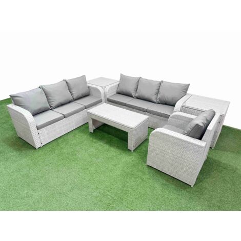 Fimous 7 Seater Poly Rattan Outdoor Garden Furniture Oblong Coffee Table Sofa Set Patio 3 Seater Sofa Reclining Chair 3 Seater Sofa 2 Side Table Light Grey