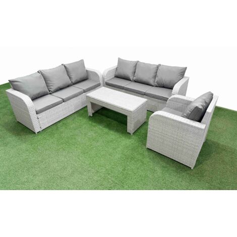 Fimous 7 Seater Poly Rattan Outdoor Garden Furniture Oblong Coffee Table Sofa Set Patio 3 Seater Sofa Reclining Chair 3 Seater Sofa Light Grey