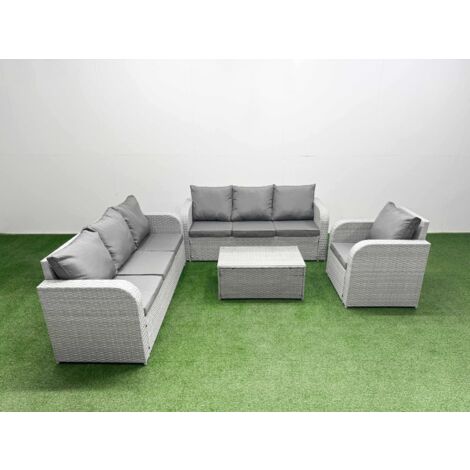 Fimous 7 Seater Poly Rattan Outdoor Garden Furniture Sofa Set Patio 3 Seater Sofa Reclining Chair 3 Seater Sofa Light Grey