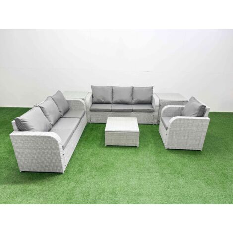Fimous 7 Seater Poly Rattan Outdoor Garden Furniture Square Coffee Table Sofa Set Patio 3 Seater Sofa Reclining Chair 3 Seater Sofa 2 Side Table Light Grey
