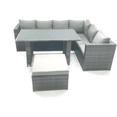 Fimous 7 Seater Rattan Corner Sofa Set Rectangular Dining Table Set With Seat And Back Cushion