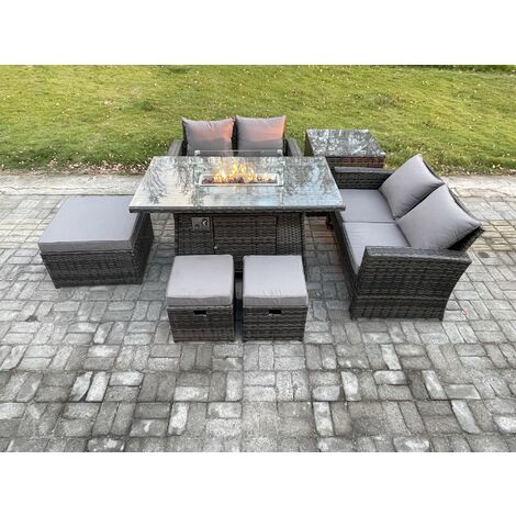 Fimous 7 Seater Rattan Garden Furniture Set Outdoor Lounge Sofa Chair Gas Fire Pit Dining Table Set With 3 Footstools Double Seat Sofa Side Table